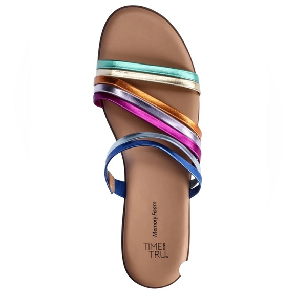 Time and Tru Asymmetric Strappy sandal size 8.5 memory foam shoe metallic pink - Picture 1 of 14